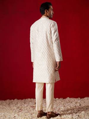 Cream Silk Blend Kurta Pyjama Set 3