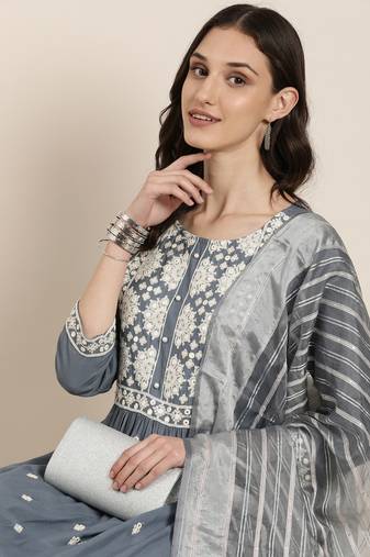 women's round neck solid grey a-line kurta and trouser with dupatta
