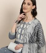 women's round neck solid grey a-line kurta and trouser with dupatta