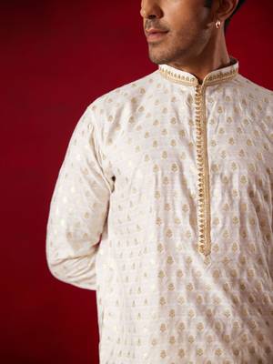 Cream Silk Blend Kurta Pyjama Set 4