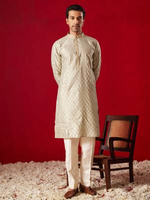 Green Silk Blend Kurta Pyjama Set 1