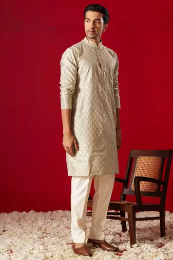 Green Silk Blend Kurta Pyjama Set