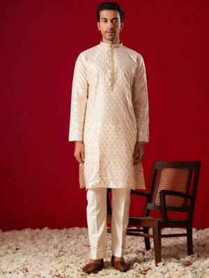 Peach Silk Blend Kurta Pyjama Set 1