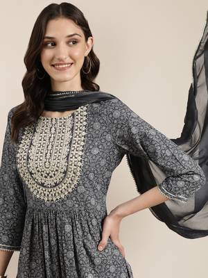 women's round neck floral foil print grey a-line kurta and trouser with dupatta 1