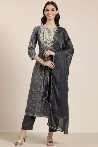 women's round neck floral foil print grey a-line kurta and trouser with dupatta