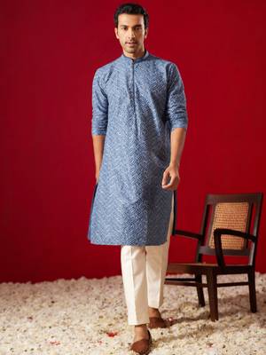 Blue And Cream Rayon Cotton Kurta Pyjama Set 1