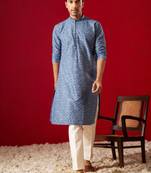 Men'S Blue And Cream Rayon Cotton Kurta Pyjama Set