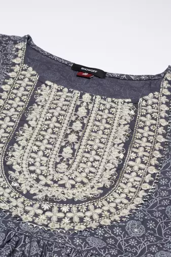 women's round neck floral foil print grey a-line kurta and trouser with dupatta