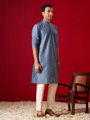 Blue And Cream Rayon Cotton Kurta Pyjama Set 2