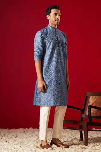 Blue And Cream Rayon Cotton Kurta Pyjama Set