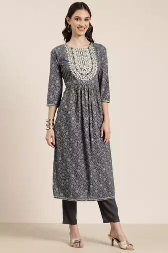 women's round neck floral foil print grey a-line kurta and trouser with dupatta