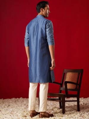Blue And Cream Rayon Cotton Kurta Pyjama Set 3
