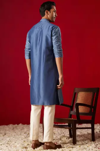 Blue And Cream Rayon Cotton Kurta Pyjama Set