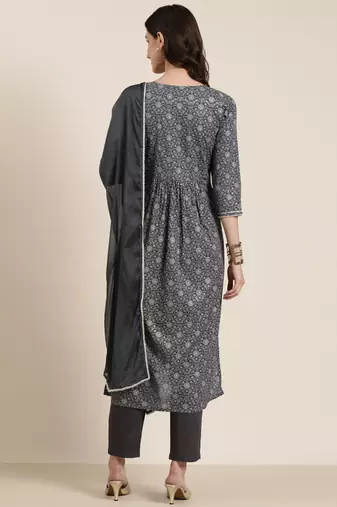 women's round neck floral foil print grey a-line kurta and trouser with dupatta