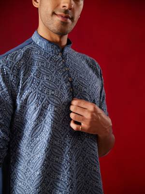 Blue And Cream Rayon Cotton Kurta Pyjama Set 4