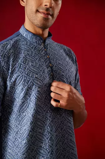Blue And Cream Rayon Cotton Kurta Pyjama Set