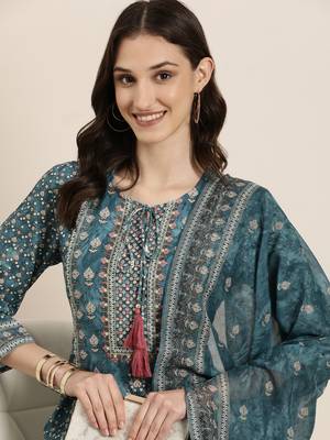 women's round neck floral teal a-line kurta and trouser with dupatta 1