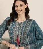women's round neck floral teal a-line kurta and trouser with dupatta
