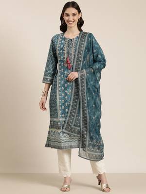 women's round neck floral teal a-line kurta and trouser with dupatta 2
