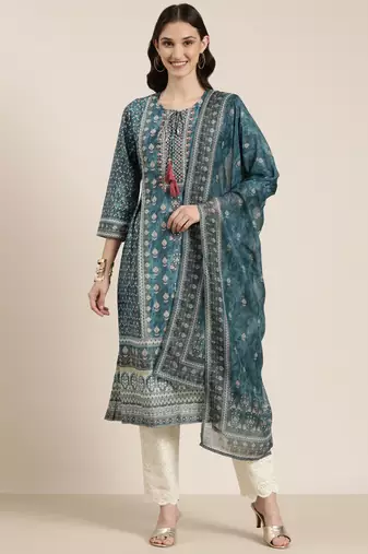 women's round neck floral teal a-line kurta and trouser with dupatta