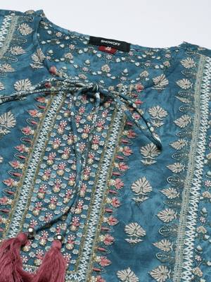 women's round neck floral teal a-line kurta and trouser with dupatta 3