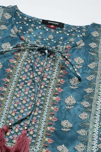 women's round neck floral teal a-line kurta and trouser with dupatta