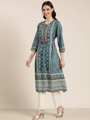 women's round neck floral teal a-line kurta and trouser with dupatta 4