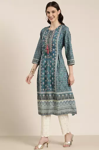 women's round neck floral teal a-line kurta and trouser with dupatta