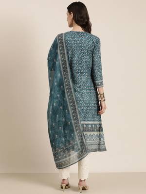 women's round neck floral teal a-line kurta and trouser with dupatta 5