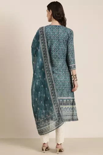 women's round neck floral teal a-line kurta and trouser with dupatta