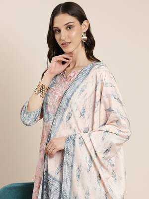 women's round neck floral batik mauve straight kurta and trouser with dupatta 1