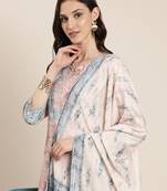 women's round neck floral batik mauve straight kurta and trouser with dupatta