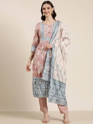 women's round neck floral batik mauve straight kurta and trouser with dupatta 2