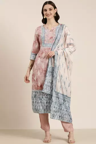 women's round neck floral batik mauve straight kurta and trouser with dupatta