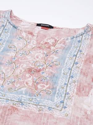 women's round neck floral batik mauve straight kurta and trouser with dupatta 3
