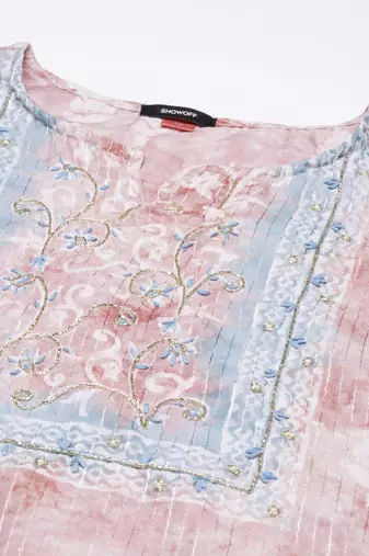 women's round neck floral batik mauve straight kurta and trouser with dupatta
