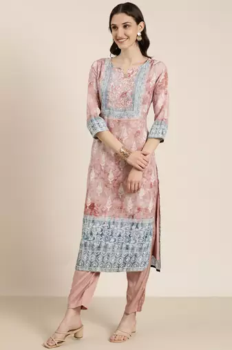 women's round neck floral batik mauve straight kurta and trouser with dupatta