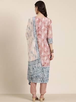women's round neck floral batik mauve straight kurta and trouser with dupatta 5