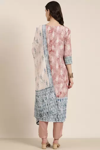 women's round neck floral batik mauve straight kurta and trouser with dupatta