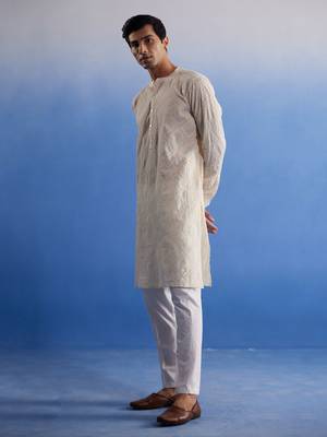 Cream Cotton Kurta Pyjama Set 2