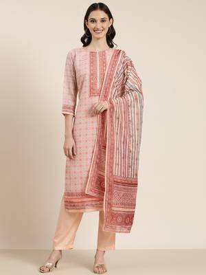 women's round neck floral peach straight kurta and trouser with dupatta 2