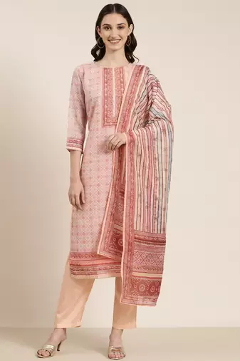 women's round neck floral peach straight kurta and trouser with dupatta