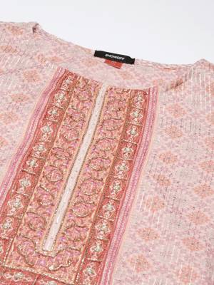 women's round neck floral peach straight kurta and trouser with dupatta 3