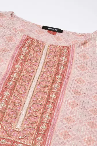 women's round neck floral peach straight kurta and trouser with dupatta