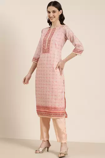 women's round neck floral peach straight kurta and trouser with dupatta