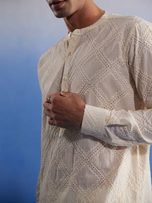Cream Cotton Kurta Pyjama Set 4
