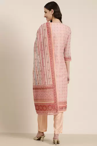 women's round neck floral peach straight kurta and trouser with dupatta
