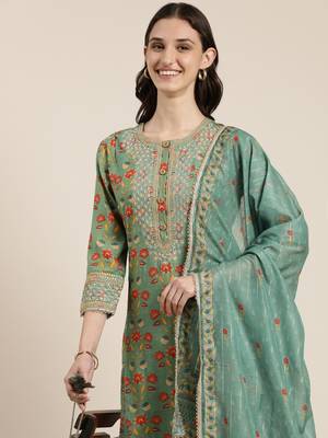 women's round neck floral green straight kurta and trouser with dupatta 1