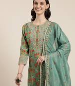 women's round neck floral green straight kurta and trouser with dupatta