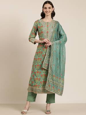 women's round neck floral green straight kurta and trouser with dupatta 2